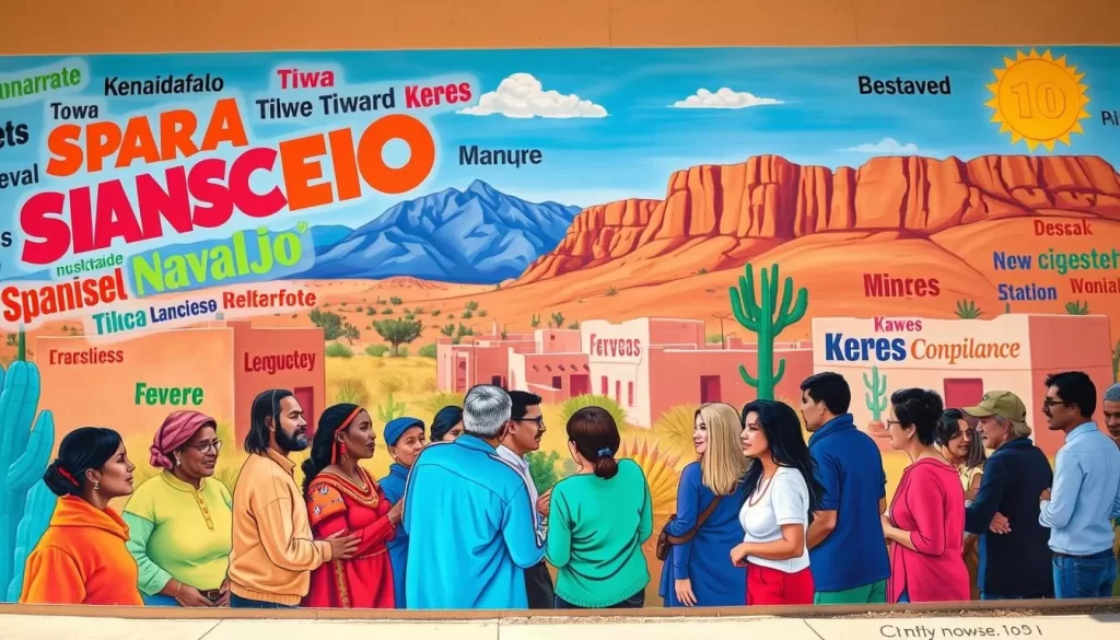 A vibrant and diverse mural depicting the top 10 non-English languages spoken in New Mexico. In the foreground, colorful words and phrases from Spanish, Navajo, Tiwa, and Keres languages float across the scene. In the middle ground, groups of people conversing in these tongues, their faces animated and expressive. In the background, a vibrant landscape of adobe buildings, desert mountains, and a clear blue sky, bathed in warm, natural lighting. The overall atmosphere is one of cultural richness, linguistic harmony, and a celebration of New Mexico's multilingual heritage.