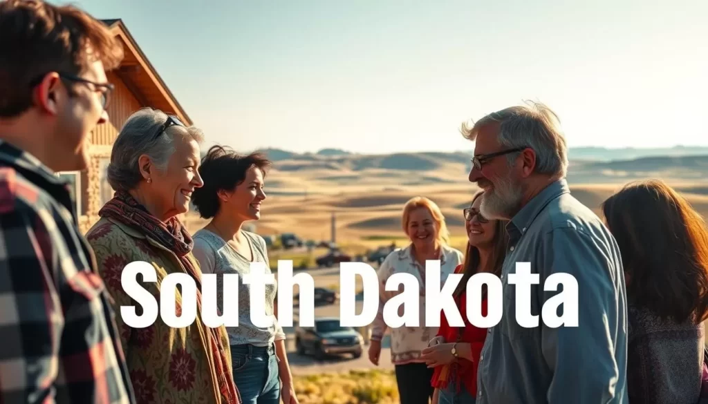 A vibrant and diverse scene in the heart of South Dakota's rural landscapes. In the foreground, people representing various cultural and ethnic backgrounds converse animatedly, their body language and expressions conveying the richness of linguistic exchange. The mid-ground features a mix of traditional and modern architecture, reflecting the state's blend of heritage and progress. In the background, rolling hills and vast skies create a serene, sun-dappled atmosphere, setting the stage for this celebration of South Dakota's linguistic tapestry. Crisp, natural lighting and a warm, welcoming mood pervade the image, inviting the viewer to immerse themselves in the vibrancy of the state's language diversity.