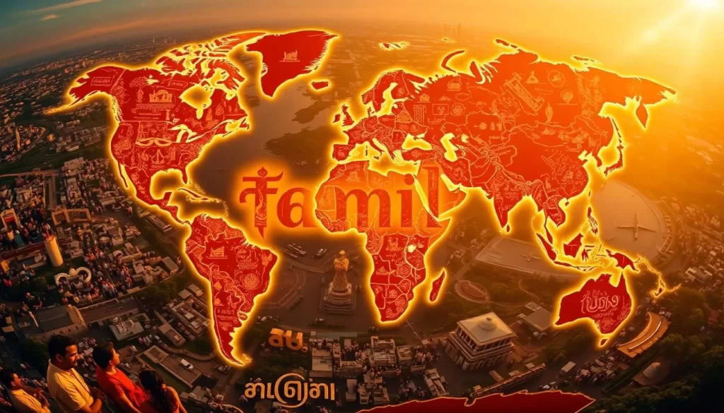 A vibrant and dynamic global map, featuring the Tamil script prominently displayed across various continents. The map is illuminated by a warm, golden light, casting a sense of unity and connectivity. In the foreground, the Tamil script is rendered in intricate, ornate detail, its curves and lines dancing across the surface. In the middle ground, clusters of people from diverse backgrounds engage in cultural exchange, their faces alight with curiosity and understanding. The background showcases a tapestry of cityscapes, landmarks, and landscapes, representing the widespread presence and influence of the Tamil language worldwide. Captured with a wide-angle lens, the image conveys the expansive, global reach of this ancient and living language.