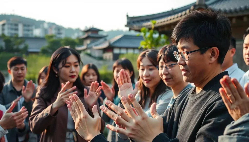 A vibrant and expressive scene of Korean Sign Language, captured on a pleasant day. In the foreground, a group of individuals gesticulating with their hands, their faces filled with concentration and purpose. The middle ground showcases a serene urban landscape, with traditional Korean architecture and lush greenery in the background. Soft, warm lighting illuminates the scene, creating a sense of authenticity and connection. The composition is balanced, allowing the viewer to focus on the captivating movements and the cultural significance of this form of communication. The atmosphere is one of cultural celebration and the preservation of a unique linguistic heritage.