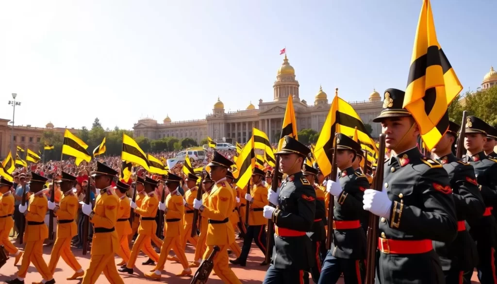 A vibrant and festive scene of the Royal Brunei Celebrations unfolds before us. In the foreground, a colorful parade of soldiers in crisp, tailored uniforms marches with precision, their polished weapons gleaming in the warm, golden sunlight. The middle ground is alive with cheering crowds, their faces alight with joy and national pride as they wave Brunei's distinctive yellow and black flags. In the background, the grand, ornate palace towers majestically, its intricate architecture and gilded domes casting a regal atmosphere over the entire celebration. The overall mood is one of unbridled enthusiasm, cultural heritage, and unwavering patriotism, capturing the essence of Brunei's royal festivities.