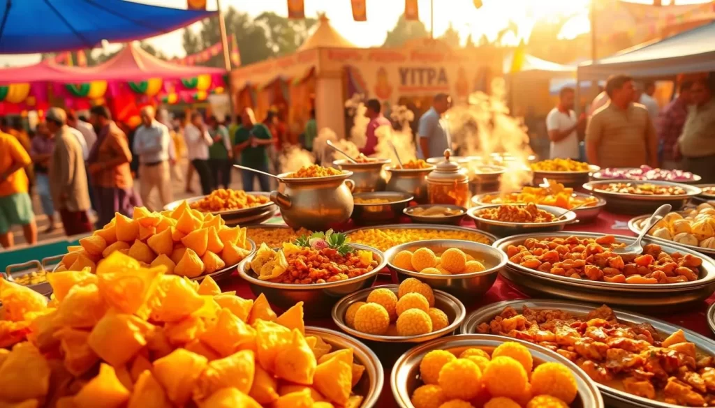 A vibrant and flavorful Gujarati festival feast, set against a warm, sunny backdrop. In the foreground, an array of delectable delicacies - crisp samosas, fragrant dhoklas, and colorful farsan. In the middle ground, steaming pots of aromatic curries and platters of freshly made sweets, like the iconic Gujarati spongy dessert - Basundi. The background reveals the bustling energy of a lively festival, with people gathered around traditional stalls and colorful decorations adorning the scene. Warm, natural lighting casts a golden glow, capturing the festive atmosphere. Shot with a wide-angle lens to showcase the bountiful spread of Gujarati culinary delights.