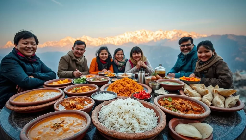 A vibrant and flavorful spread of authentic Nepali cuisine, set against the backdrop of a serene mountainous landscape. In the foreground, an array of traditional dishes including dal, rice, gundruk, sekuwa, and momos, artfully arranged on handcrafted clay platters. The middle ground features a group of local Nepali people enjoying the meal, their faces radiating joy and contentment. In the background, snow-capped peaks of the Himalayas rise majestically, bathed in the warm glow of a golden afternoon sun. The scene is infused with a sense of cultural richness, inviting the viewer to savor the flavors and experience the essence of Nepali culinary heritage.