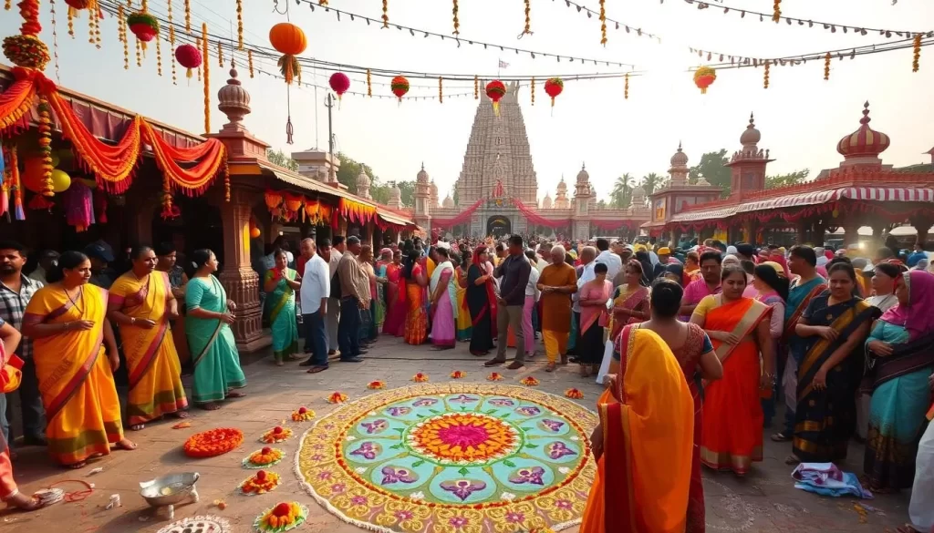 A vibrant and joyful celebration of Indian festivals, showcasing a lively gathering of people adorned in traditional attire. In the foreground, intricate rangoli patterns adorn the ground, complemented by the colorful decorations and garlands hanging overhead. The middle ground depicts a diverse crowd engaged in festive activities, such as dancing, playing music, and sharing traditional delicacies. In the background, towering temples and ornate architecture provide a majestic backdrop, bathed in the warm glow of the sun. The overall atmosphere conveys a sense of cultural richness, community, and the deep significance of these cherished celebrations.