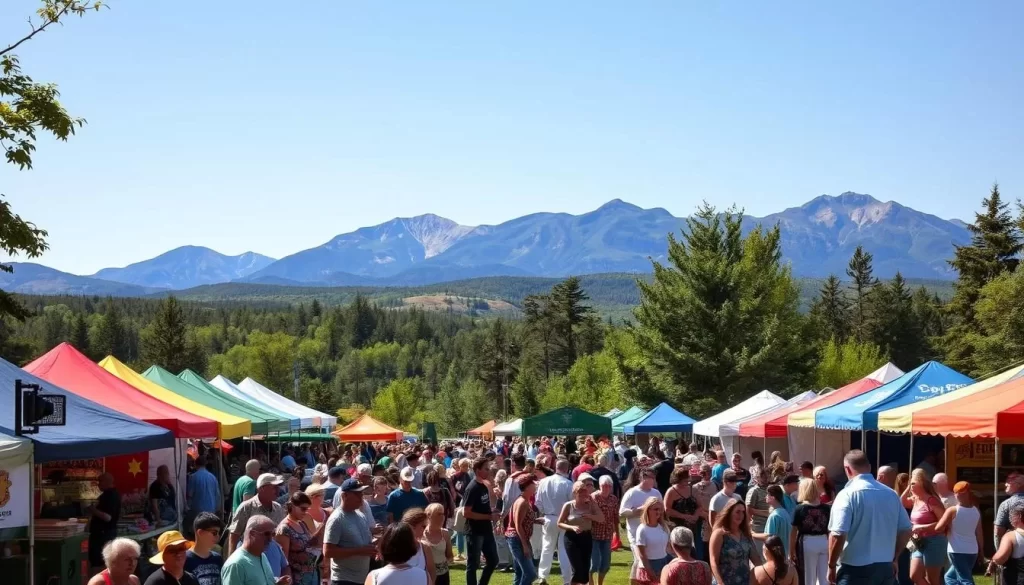 A vibrant and lively New Hampshire festival scene, with crowds gathered amidst colorful tents, food vendors, and live music performances. In the foreground, artisans showcase their handcrafted wares, while lively dancers twirl to the rhythm of traditional folk music. The middle ground features a picturesque landscape of rolling hills and verdant forests, bathed in the warm glow of a sun-dappled afternoon. The background showcases the iconic granite peaks of the White Mountains, casting a majestic backdrop to the festive atmosphere. The overall mood is one of celebration, community, and immersion in the rich cultural heritage of New Hampshire.