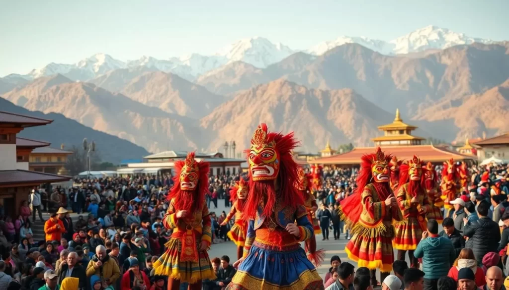 A vibrant and lively Wangdue Phodrang Tshechu festival in Bhutan. In the foreground, colorfully dressed dancers perform traditional mask dances on a packed town square, their elaborate costumes and intricate masks creating a captivating spectacle. In the middle ground, crowds of local people and visitors alike gather to witness the festivities, their faces alight with wonder and joy. In the background, the majestic Himalayan mountains rise up, their snow-capped peaks creating a dramatic and picturesque setting for this unique regional celebration. The scene is bathed in warm, golden light, adding to the festive atmosphere. Capture the vibrant energy, cultural richness, and breathtaking natural surroundings of this iconic Bhutanese festival.