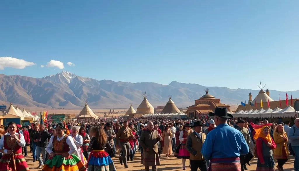 A vibrant and lively festival in Kazakhstan, set against a backdrop of majestic mountains and clear blue skies. In the foreground, a colorful parade of traditional dancers and musicians, their intricate costumes and rhythmic movements capturing the essence of the country's rich cultural heritage. In the middle ground, a bustling marketplace filled with artisanal crafts, fragrant spices, and lively conversations. In the background, the silhouettes of imposing yurts and ancient structures, hinting at the deep-rooted history and traditions of this remarkable land. The scene is bathed in warm, golden light, creating a sense of warmth and celebration that invites the viewer to immerse themselves in the vibrant festivities.