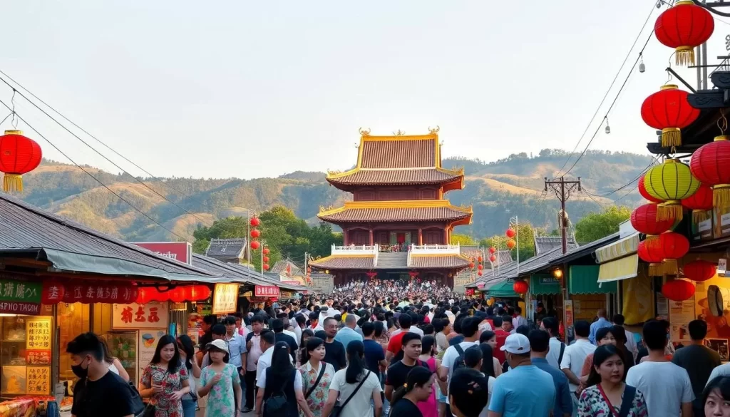 A vibrant and lively festival scene in Hsinchu County, Taiwan. In the foreground, a bustling street lined with colorful lanterns, food stalls, and vendors selling traditional handicrafts. Crowds of people in traditional Taiwanese clothing weave through the throng, creating a festive atmosphere. In the middle ground, a towering temple facade dominates the skyline, its intricate carvings and ornate rooftops glowing in the warm sunlight. In the background, rolling hills and lush greenery provide a picturesque natural backdrop, adding to the serene and peaceful ambiance. The lighting is soft and natural, casting a warm glow over the entire scene. The camera angle is slightly elevated, giving a panoramic view of the vibrant festival activities.