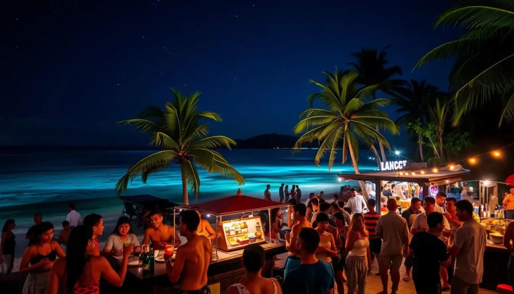 A vibrant and lively nightscape of the Perhentian Islands, Malaysia. In the foreground, people mingle and socialize at a beachside bar, sipping colorful cocktails and laughing under the glow of twinkling string lights. The middle ground features a bustling night market, with vendors offering delectable local cuisine and handcrafted souvenirs. In the background, the crystal-clear waters of the South China Sea shimmer under a starry sky, as palm trees sway gently in the warm, tropical breeze. The scene is illuminated by a soft, ambient lighting that creates a cozy and inviting atmosphere, perfect for an evening of island exploration and entertainment.