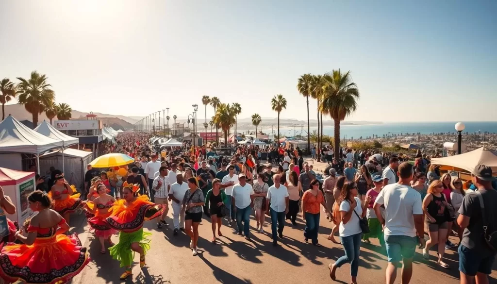 A vibrant and lively scene of California festivals, captured on a sunny day with a warm, golden glow. In the foreground, a colorful parade with dancers in vibrant costumes and musicians playing energetic tunes. In the middle ground, a bustling crowd of festival-goers exploring food stalls, art displays, and lively entertainment. In the background, iconic California landmarks like palm trees and a coastal landscape, creating a quintessential West Coast atmosphere. The overall mood is one of celebration, community, and the unique cultural richness that defines the festival spirit of the Golden State.
