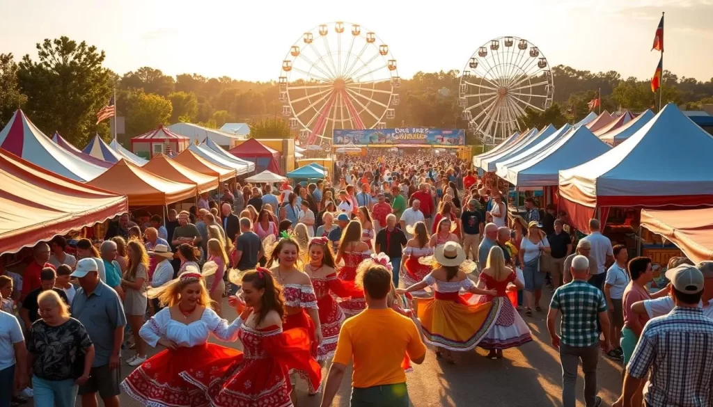 A vibrant and lively scene of Missouri's festival culture. Crowds of people milling about colorful tents and food stalls, music reverberating through the air. In the foreground, a parade of dancers in traditional costumes twirling and swaying. The middle ground showcases booths displaying handcrafted artworks and local produce. In the background, a towering ferris wheel and other amusement rides create a festive atmosphere. Warm, golden sunlight filters through, casting a cheerful glow over the entire scene. An energetic and immersive depiction of the Show-Me State's vibrant festival spirit.
