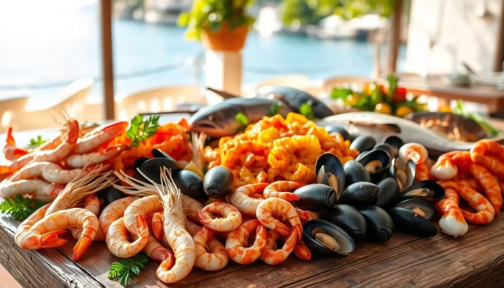 A vibrant and mouth-watering display of fresh Mediterranean seafood, artfully arranged on a rustic wooden table. In the foreground, glistening shrimp, tender calamari, and plump mussels, all perfectly seasoned and ready to be savored. The middle ground showcases a tantalizing selection of whole fish, their scales catching the warm, natural light filtering in from the side. In the background, a quaint seaside setting, with glimpses of blue waters and lush greenery, creating a tranquil and inviting atmosphere. The scene is captured with a crisp, high-resolution lens, allowing every succulent detail to be fully appreciated. This is a true representation of the vibrant and flavorful local cuisine that visitors to Sedir Island, Turkey can indulge in during their stay.