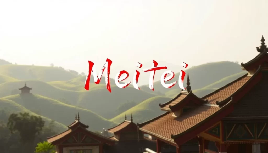 A vibrant and neatly calligraphed Meitei script adorns the center of the frame, its intricate characters dancing across a serene backdrop. Lush, verdant hills roll gently in the distance, bathed in the warm glow of a midday sun. In the foreground, traditional Meitei architectural elements, such as ornate roofs and colorful facades, create a harmonious tableau, showcasing the rich cultural heritage of Manipur. The lighting is soft and natural, casting subtle shadows that lend depth and dimension to the scene. The overall atmosphere is one of tranquility and pride, capturing the essence of the Meitei language as the official tongue of this vibrant Indian state.