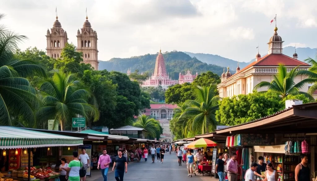 A vibrant and picturesque Penang itinerary unfolds against a backdrop of lush tropical foliage and historic architecture. In the foreground, a winding path leads visitors through bustling markets, where vendors sell an array of local delicacies and handicrafts. Midground, towering colonial-era buildings stand in stately grandeur, their intricate facades bathed in warm, golden sunlight. In the distance, the iconic Kek Lok Si Temple nestles amidst verdant hills, its pagodas and statues gleaming under a cloudless sky. The overall scene conveys the rich cultural tapestry and vibrant energy that define Penang's captivating charm.