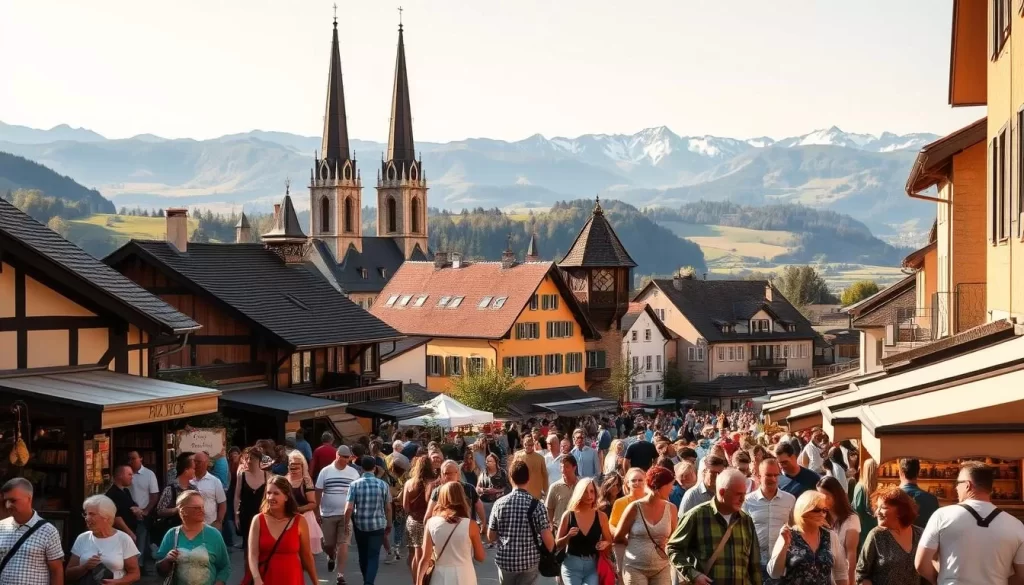 A vibrant and picturesque day in the charming town of Eschen, Liechtenstein. In the foreground, a lively gathering of people exploring the bustling marketplace, browsing local artisanal wares and indulging in delectable regional delicacies. In the middle ground, towering church spires and quaint historic buildings cast their timeless allure, bathed in warm, golden sunlight. In the background, rolling green hills and distant snow-capped peaks create a serene, breathtaking vista. The atmosphere is one of tranquility, community, and a deep appreciation for the natural beauty and rich cultural heritage of this picturesque destination.