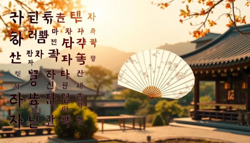 A vibrant array of Korean characters gracefully dance across the frame, capturing the essence of the Korean language. The foreground showcases intricate Hangul scripts, each stroke flowing with deliberate precision. In the middle ground, a traditional Korean paper fan unfurls, its delicate patterns hinting at the rich cultural heritage. The background features a serene, sun-dappled landscape, with the iconic Korean architecture of tile-roofed buildings and lush foliage, creating a harmonious atmosphere. Warm, natural lighting bathes the scene, evoking a sense of tranquility and timelessness. The overall composition conveys the beauty, elegance, and legacy of the Korean language.