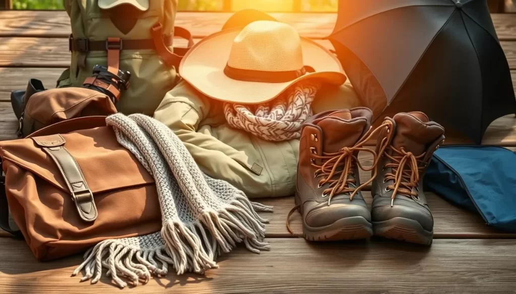 A vibrant array of Tennessee weather travel gear laid out on a rustic wooden surface, bathed in warm, natural lighting. In the foreground, a weathered leather messenger bag, a cozy knit scarf, and a sturdy pair of hiking boots. In the middle ground, a lightweight, breathable rain jacket and a wide-brimmed sun hat. In the background, a durable backpack and a compact, water-resistant umbrella, hinting at the region's changeable climate. The composition evokes a sense of preparedness and adventure, reflecting the diverse weather conditions one might encounter while exploring the natural wonders of Tennessee.