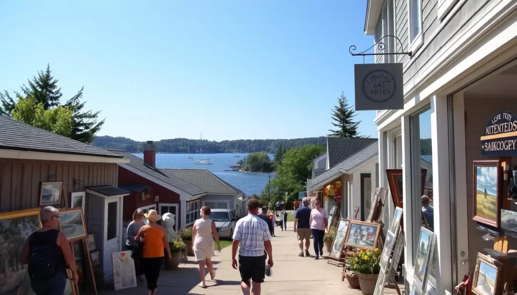 A vibrant art scene in Door County, Wisconsin, with picturesque landscapes and quaint galleries. A sun-dappled street lined with charming shops, their windows displaying local artists' paintings and sculptures. Visitors stroll by, admiring the work of talented painters, sculptors, and craftspeople, capturing the essence of the region's natural beauty. In the distance, sailboats dot the sparkling waters of Lake Michigan, framed by rolling hills and lush forests. The warm, inviting atmosphere encourages exploration and appreciation of the area's thriving creative community.