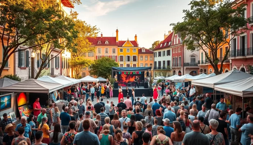 A vibrant arts festival set in a picturesque town square, bustling with creativity and energy. In the foreground, a lively crowd of visitors admire the vibrant paintings, sculptures, and handcrafted wares on display by local artisans. The middle ground features a central stage where performance artists captivate the audience with energetic dances and live music, the sound carrying across the square. In the background, historic buildings with colorful facades and lush trees frame the scene, bathed in warm, golden afternoon light that casts a festive glow over the entire event.