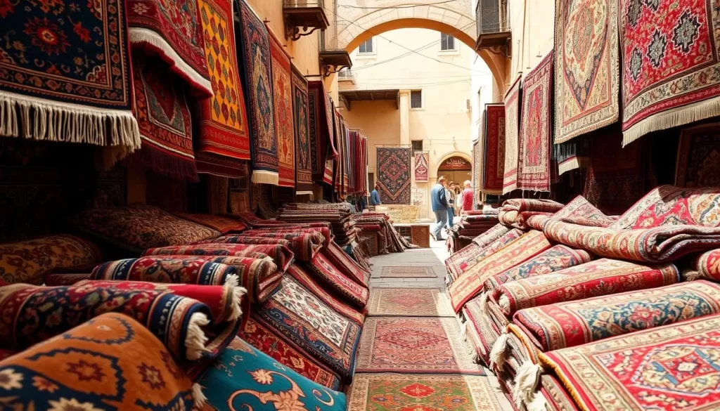 A vibrant assortment of authentic Turkish carpets fills the foreground, showcasing the intricate patterns and rich colors that have been woven with meticulous craftsmanship for centuries. The carpets are arranged in a visually appealing display, with varying textures and designs that invite the viewer to explore and appreciate the artistry. In the middle ground, the scene is framed by the warm, earthy tones of the surrounding architecture, hinting at the historic Anatolian backdrop. Soft, diffused natural lighting bathes the entire composition, creating a serene and inviting atmosphere that captures the essence of traditional Turkish shopping experiences.
