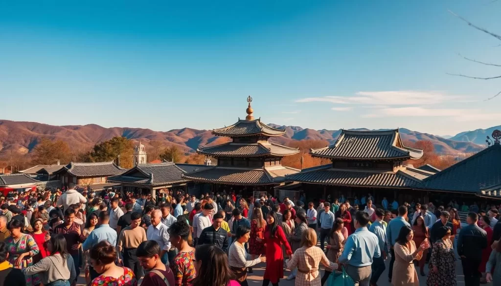 A vibrant autumn day in a South Jeolla province town, bustling with a traditional Korean festival. In the foreground, a crowd of colorfully dressed people dance and celebrate, their movements captured in a warm, cinematic lighting. The middle ground features ornate pavilions and traditional hanok architecture, while the background showcases rolling hills and a clear blue sky. The scene radiates a sense of joyous cultural heritage, inviting the viewer to immerse themselves in the rich festival atmosphere of South Korea.
