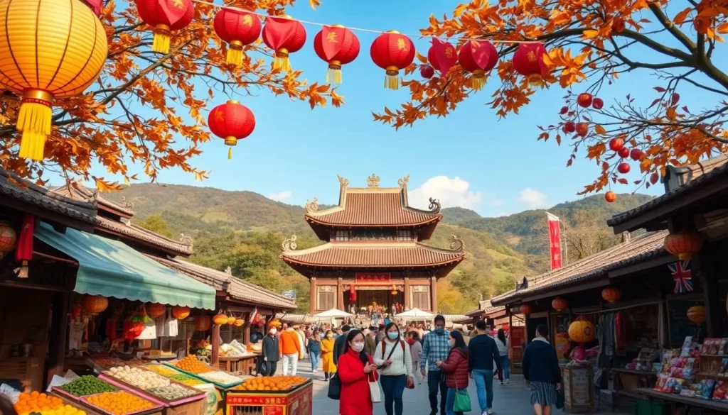 A vibrant autumn festival scene in a quaint Taiwanese countryside. In the foreground, a bustling marketplace with colorful stalls selling local crafts, street food, and seasonal produce. Lanterns and flags adorn the scene, casting a warm, golden glow. In the middle ground, a traditional temple with intricate architecture stands as the centerpiece, surrounded by people engaged in cultural performances and ceremonies. The background features rolling hills and lush foliage, with a clear blue sky overhead. The atmosphere is one of joyful celebration, cultural heritage, and harmonious connection between the community and the natural world.