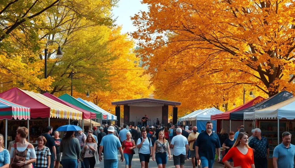 A vibrant autumn scene at a lively Maryland fall festival, with colorful tents and booths showcasing local crafts, produce, and delicacies. In the foreground, visitors stroll amidst the bustling activity, taking in the sights, sounds, and flavors of the season. The middle ground features a stage where local musicians perform, their melodies carried on a gentle breeze. In the background, a canopy of brilliant, golden-hued trees frames the idyllic setting, their leaves dancing gracefully in the comfortable, temperate light of a perfect fall day. The atmosphere is warm, celebratory, and infused with the spirit of autumn in Maryland.
