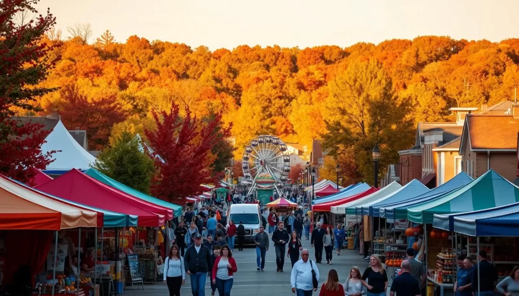 A vibrant autumn scene in Illinois, with a bustling fall festival in the foreground. Colorful tents and stalls selling local crafts, pumpkins, and seasonal treats line the streets, while families and friends stroll through the lively crowds. In the middle ground, a classic Ferris wheel and other carnival rides stand tall, casting long shadows in the warm, golden light of the afternoon sun. In the background, a picturesque small-town main street is framed by a riot of fall foliage - crimson maples, golden oaks, and vibrant orange pumpkins dotting the landscape. The atmosphere is lively, festive, and quintessentially Midwestern, capturing the essence of autumn in Illinois.