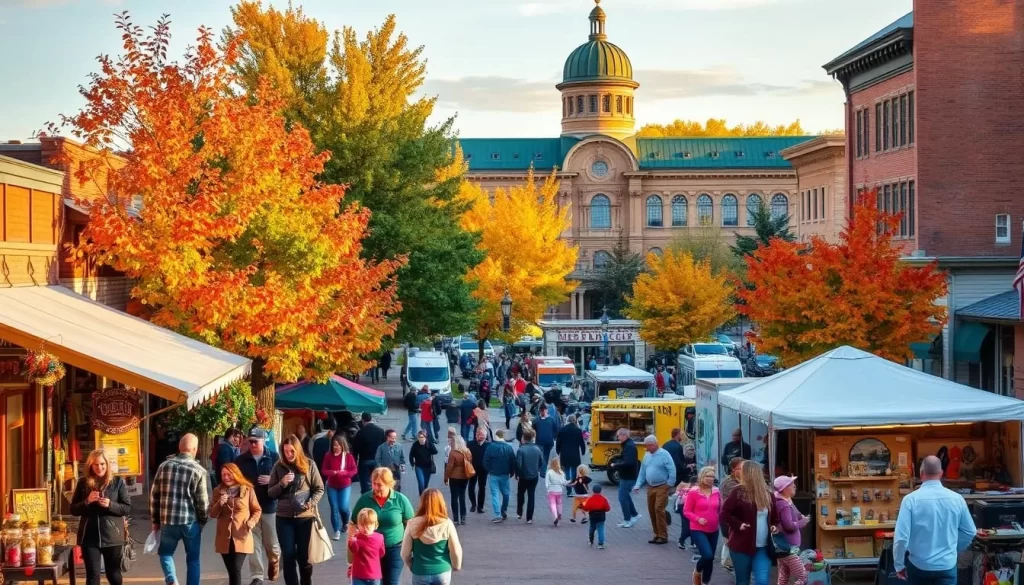 A vibrant autumn scene in Nebraska City, with colorful foliage lining the streets. In the foreground, families stroll past quaint shops and vendors, browsing handcrafted goods and sipping warm cider. In the middle ground, a lively outdoor festival fills the town square, with lively music, food trucks, and children playing in the crisp air. In the background, the historic architecture of Nebraska City frames the festivities, bathed in the golden glow of the setting sun. The scene evokes a sense of community, tradition, and the natural beauty of the Fall season. A vibrant autumn scene in Nebraska City, with colorful foliage lining the streets. In the foreground, families stroll past quaint shops and vendors, browsing handcrafted goods and sipping warm cider. In the middle ground, a lively outdoor festival fills the town square, with lively music, food trucks, and children playing in the crisp air. In the background, the historic architecture of Nebraska City frames the festivities, bathed in the golden glow of the setting sun. The scene evokes a sense of community, tradition, and the natural beauty of the Fall season.