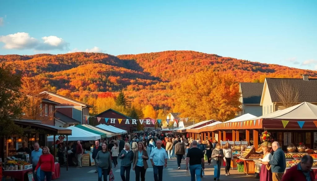A vibrant autumn scene in Vermont, with rolling hills and lush forests in the background. In the foreground, a bustling town square hosts a traditional harvest festival, with local artisans and food vendors setting up colorful stalls. Strings of lights and decorative banners add a festive atmosphere, while people of all ages stroll through the market, browsing handcrafted wares and sampling regional delicacies. The warm, golden light of the afternoon sun casts a cozy glow over the entire scene, capturing the essence of Vermont's beloved festival culture.