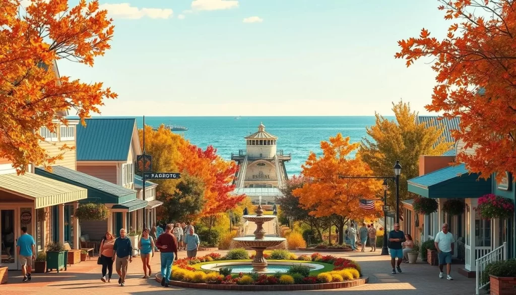 A vibrant autumn scene in the charming town of Fairhope, Alabama. In the foreground, people stroll along a bustling street lined with colorful foliage, exploring local shops and eateries. In the middle ground, a picturesque park with lush greenery and a decorative fountain. In the background, the iconic Fairhope Pier extends into the shimmering waters of Mobile Bay, framed by a clear, azure sky. Warm, golden light bathes the entire scene, creating a cozy, inviting atmosphere. Capture the essence of Fairhope's seasonal delights - the perfect illustration for an article showcasing the town's top attractions and activities.