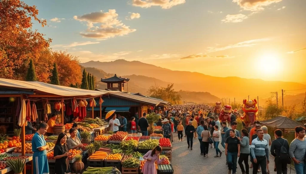 A vibrant autumn scene of the Taitung County Harvest Festival, set against the backdrop of the lush, rolling hills of eastern Taiwan. In the foreground, a bustling marketplace bursting with colorful produce, handcrafted wares, and lively local artisans. Farmers in traditional garb showcase their bountiful yields, while families and friends gather to celebrate the season's abundance. The middle ground features a parade of dragon dancers and lion troupes, their vibrant costumes and graceful movements captivating the crowd. In the distance, the majestic Coastal Mountain Range rises, its peaks bathed in the warm, golden light of the autumn sun. An atmosphere of joyous celebration, cultural heritage, and deep connection to the land permeates the scene.