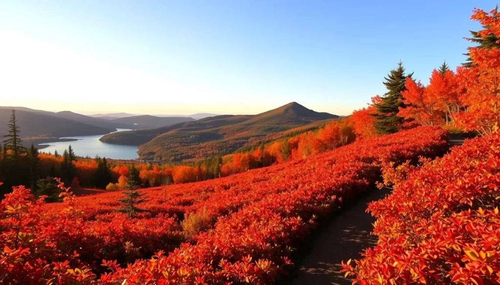 A vibrant autumnal landscape at Cranmore Mountain Resort, New Hampshire. Lush foliage of red, orange, and golden hues blankets the slopes, creating a breathtaking natural tapestry. In the foreground, a winding hiking trail leads through the vibrant undergrowth, inviting exploration. The middle ground features the majestic mountain silhouette, its peaks touched by the warm glow of the afternoon sun. In the distance, a serene lake reflects the brilliant colors of the surrounding trees, amplifying the sense of tranquility. The overall scene exudes a harmonious, peaceful atmosphere, perfectly capturing the essence of autumn at this picturesque New England destination.