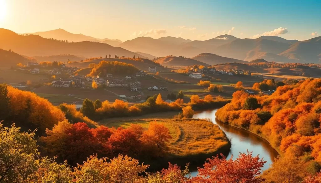 A vibrant autumnal landscape in Miaoli County, Taiwan, bathed in warm golden light. In the foreground, a tranquil river winds through lush vegetation, its surface reflecting the fiery hues of the surrounding trees. In the middle ground, rolling hills dotted with traditional Taiwanese architecture rise up, their slopes covered in a patchwork of harvested fields and orchards. In the distance, the silhouettes of majestic mountains paint a serene backdrop, their peaks kissed by wispy clouds. The scene exudes a sense of peaceful contemplation, inviting the viewer to immerse themselves in the seasonal splendor of this picturesque region.