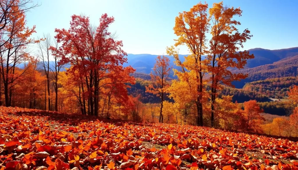 A vibrant autumnal landscape in the hills of Tennessee, USA. The foreground is a lush carpet of fallen leaves in hues of amber, crimson, and gold, blanketing the forest floor. In the middle ground, towering deciduous trees burst with fiery foliage, their branches silhouetted against a clear, azure sky. The background features a gently rolling vista of forested hills, the distant peaks bathed in the warm, golden light of an early fall afternoon. Crisp, cool air and a sense of tranquility permeate the scene, inviting the viewer to immerse themselves in the natural beauty of Tennessee during the perfect weather window from September to November.