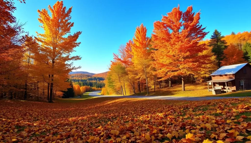 A vibrant autumnal scene in the rolling hills of New Hampshire, USA. In the foreground, a carpet of fallen leaves in shades of gold, orange, and crimson blankets the forest floor. Towering maple trees rise up, their leaves ablaze with fiery hues against a clear, azure sky. A gentle breeze rustles the foliage, casting flickering shadows. In the middle ground, a winding country road meanders through the picturesque landscape, dotted with roadside stands offering seasonal produce and crafts. The atmosphere is one of crisp, invigorating tranquility, the perfect setting for a fall festival celebrating the region's natural beauty, local cuisine, and vibrant cultural traditions.