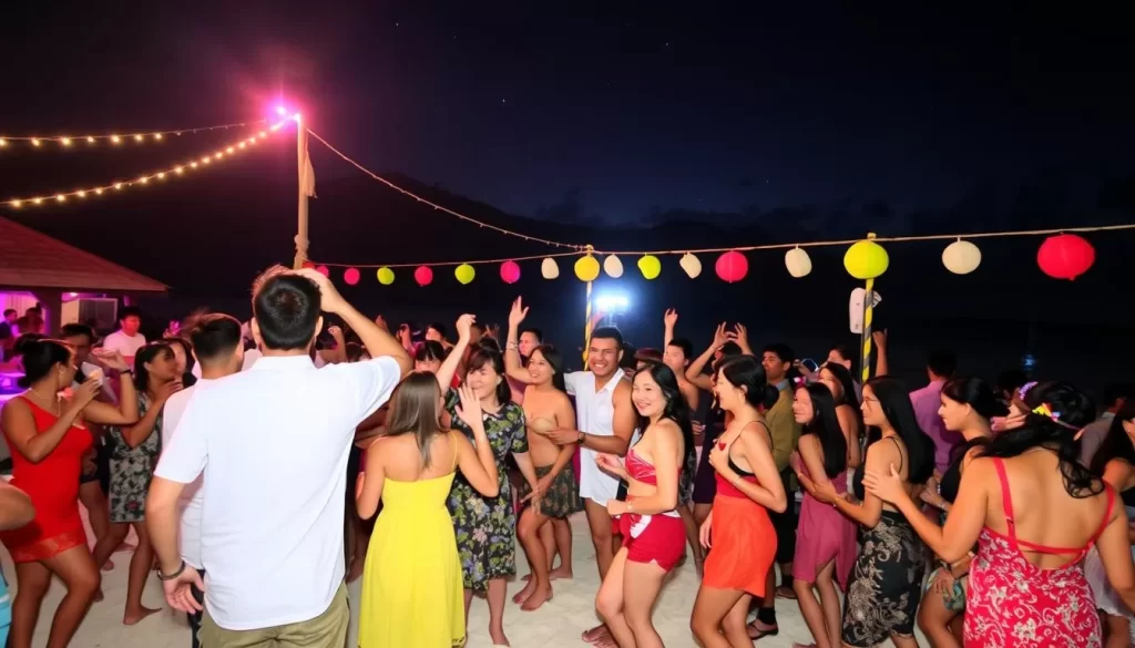 A vibrant beach party on Rawa Island with people dancing under the stars.