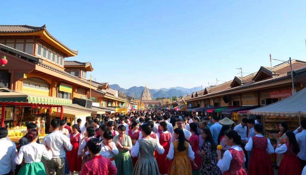 A vibrant, bustling Gangwon Province festival scene in the late afternoon sun. In the foreground, a lively crowd of people in traditional Korean hanbok costumes dance and celebrate, their colorful attire swaying to the rhythmic music. In the middle ground, rows of food stalls and craft vendors line the streets, their wares and aromas inviting passersby. In the background, glimpses of scenic mountains and a clear blue sky create a picturesque backdrop, evoking the natural beauty of the region. The overall atmosphere is one of joy, culture, and a sense of community coming together for a special occasion.