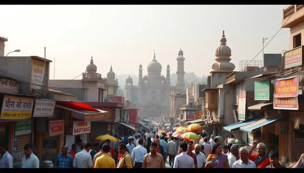 A vibrant, bustling cityscape showcasing the linguistic diversity of Bihar, India. In the foreground, a lively street scene with people conversing in various languages - Hindi, Bhojpuri, Magahi, Maithili, and Angika. Colorful storefronts and markets reflecting the region's cultural heritage. In the middle ground, towering edifices of historical significance, their architecture a harmonious blend of multiple linguistic influences. The background features a hazy, sunlit skyline, creating a warm, inviting atmosphere. The image conveys the rich tapestry of languages that coexist and thrive in the dynamic state of Bihar.