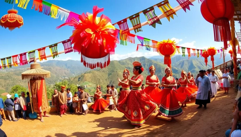 A vibrant calendar featuring the diverse festivals of Sikkim, India. In the foreground, colorful banners and festive decorations adorn the scene, capturing the joyous spirit of the celebrations. The middle ground showcases traditional dancers in elaborate costumes, their movements graceful and energetic. In the background, a scenic landscape of lush green hills and clear blue skies sets the stage for this cultural tapestry. The lighting is warm and natural, casting a soft glow over the entire composition. The lens captures the festival in a wide, panoramic view, allowing the viewer to immerse themselves in the sights and sounds of this enchanting region.