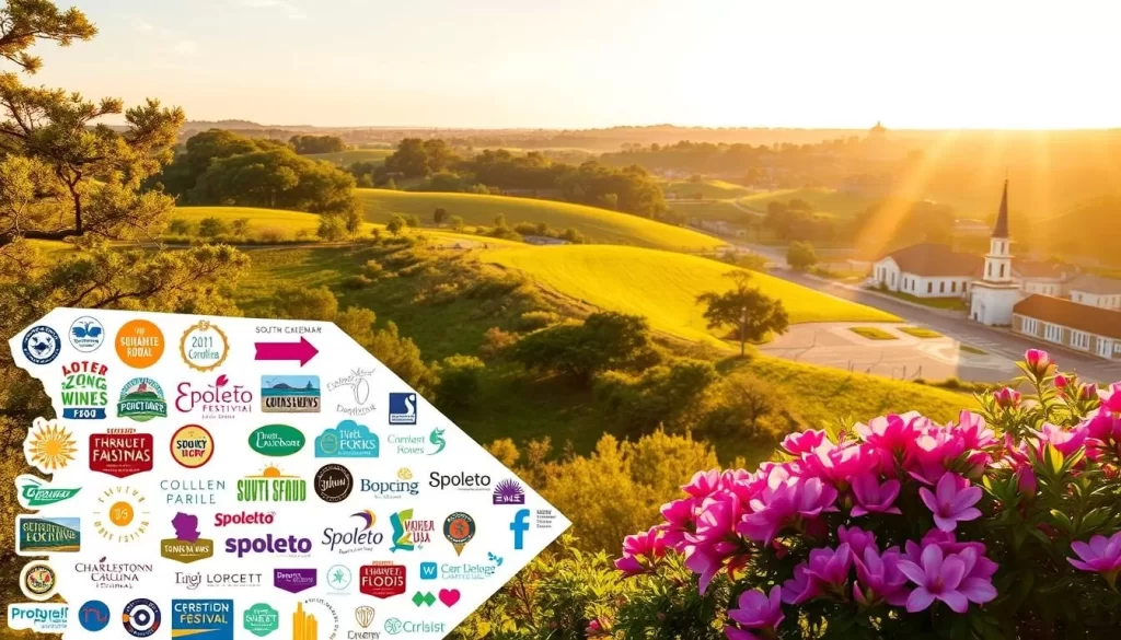 A vibrant calendar laid out against the backdrop of a sun-drenched South Carolina landscape. In the foreground, a collage of festival logos and icons representing the state's rich cultural tapestry - from the iconic Charleston Wine + Food Festival to the lively Spoleto Festival USA. The middle ground features a rolling hills dotted with magnolia trees and azalea blooms, capturing the verdant charm of the Palmetto State. Warm, golden light filters through, creating a sense of energy and anticipation. In the distance, a historic town square or iconic landmark serves as a subtle anchor, hinting at the diverse array of festival venues across the state. The overall composition conveys the vibrant, year-round celebration of South Carolina's unique heritage and community spirit.