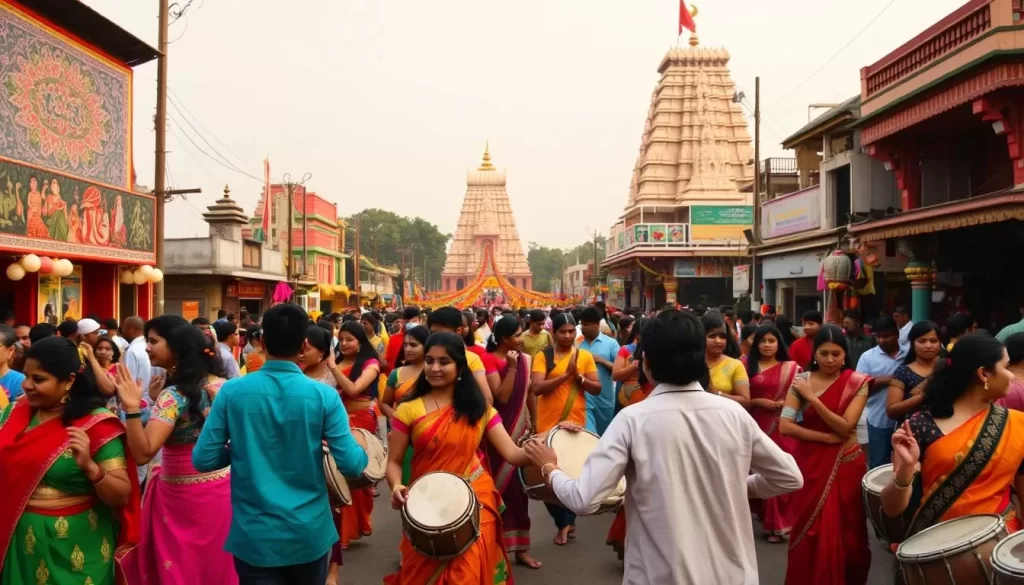 A vibrant celebration in the heart of Assam, where colorful attires, traditional dance performances, and the aroma of local cuisine fill the air. In the foreground, a group of revelers sway to the rhythmic beats of drums, their lively movements capturing the essence of the festivities. The middle ground features intricate artworks and decorations adorning the streets, reflecting the region's rich cultural heritage. In the background, towering religious structures stand tall, their architectural grandeur adding to the serene ambiance. Soft, warm lighting casts a glow over the entire scene, creating an inviting and immersive atmosphere. The overall impression conveys the vibrant and vibrant spirit of the Assamese festival celebration.