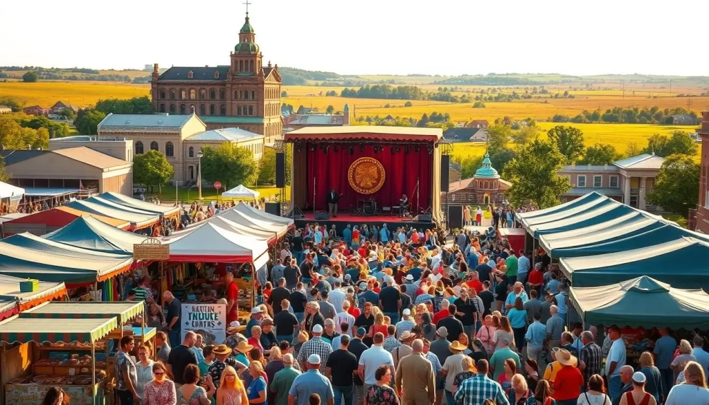 A vibrant celebration in the heart of Kansas, showcasing the state's rich cultural heritage. In the foreground, lively crowds gather amidst colorful stalls, selling local crafts, artisanal goods, and delectable cuisine. Mid-ground, a grand stage stands tall, with musicians and performers entertaining the captivated audience. In the background, historic buildings and verdant landscapes create a picturesque setting, bathed in warm, golden sunlight. The atmosphere is one of joy, community, and a deep appreciation for the traditions that make Kansas unique.