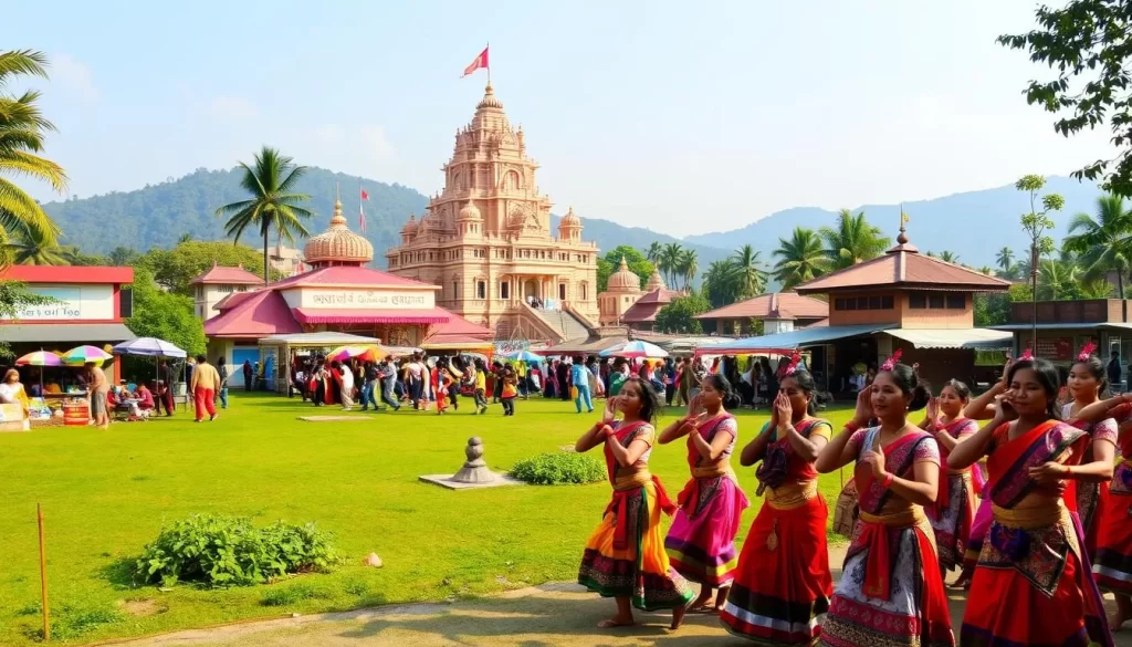 A vibrant celebration in the lush, verdant landscapes of Manipur. In the foreground, a colorful parade of dancers adorned in traditional Manipuri costumes, their energetic movements captured in dynamic poses. In the middle ground, a bustling marketplace, with vendors selling an array of local handicrafts and delicacies. In the background, a majestic temple or palace, its intricate architecture bathed in warm, golden sunlight. The scene exudes a sense of cultural richness and festive joy, inviting the viewer to immerse themselves in the vibrant traditions of this enchanting Indian state.