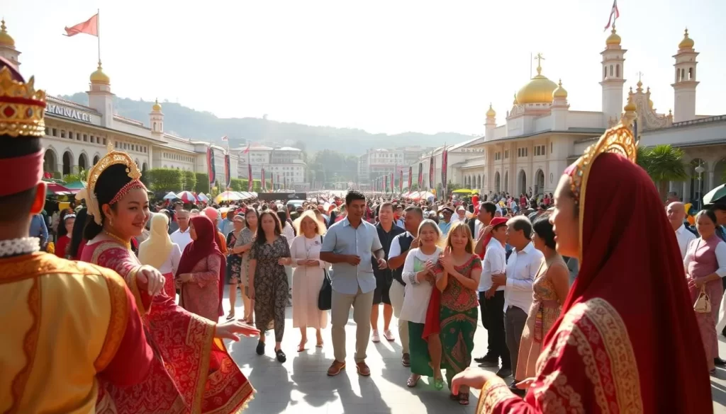 A vibrant celebration of Brunei's cultural tapestry unfolds in a sun-dappled town square. In the foreground, costumed performers sway to the rhythm of traditional music, their graceful movements reflecting the rich heritage of the Malay world. In the middle ground, locals and visitors mingle, sharing in the joy of communal festivities, their faces alight with wonder. The background frames a picturesque urban landscape, its architectural details showcasing the country's unique blend of Islamic and Southeast Asian influences. Warm, golden light filters through the scene, infusing the atmosphere with a sense of warmth and authenticity, as if inviting the viewer to step into the vibrant heart of Brunei's cultural richness.