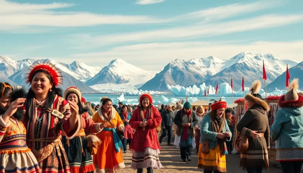 A vibrant celebration of Greenland's rich cultural heritage unfolds against the backdrop of majestic fjords and towering glaciers. In the foreground, locals in traditional Inuit garments dance and sing, their colorful costumes and joyful expressions capturing the essence of the festival. In the middle ground, stalls brim with handcrafted artisanal goods, from intricate carvings to vibrant weavings, showcasing the skilled craftsmanship of the region. Towering mountains and pristine ice formations fill the distant background, creating a stunning, serene landscape that complements the festive atmosphere. Warm, natural lighting bathes the scene, highlighting the rich textures and vibrant hues, while a wide-angle lens captures the scale and grandeur of the event.