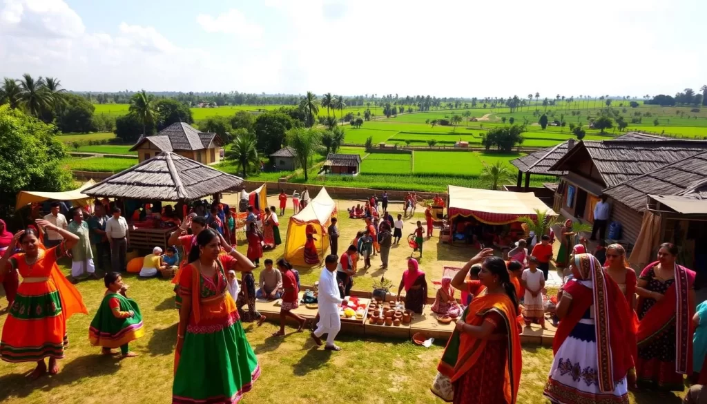 A vibrant celebration of Haryana's cultural heritage unfolds against the backdrop of a sun-dappled landscape. In the foreground, colorfully dressed performers sway to the rhythmic beats of traditional folk music, their intricate dance steps a captivating display of the region's rich heritage. In the middle ground, stalls adorned with handcrafted textiles, pottery, and other local crafts invite visitors to immerse themselves in the artistry of Haryana. The background features a serene village setting, with thatched-roof houses and lush, verdant fields stretching to the horizon, creating a picturesque scene that encapsulates the essence of Haryana's cultural vibrancy.