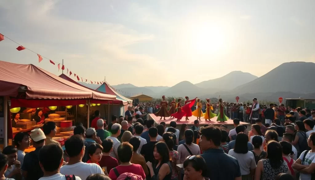 A vibrant celebration of Jeju Island's seasonal festivals, showcasing the island's natural beauty and cultural heritage. In the foreground, a lively crowd gathers around traditional food stalls, their vibrant garments and smiling faces capturing the festive atmosphere. In the middle ground, performers in colorful costumes engage the audience with traditional dances and musical performances, their movements graceful and energetic. In the background, the island's iconic volcanic landscape provides a stunning natural backdrop, with the sun casting a warm glow over the scene. The overall mood is one of joyful celebration, inviting the viewer to immerse themselves in the rich cultural tapestry of Jeju Island.