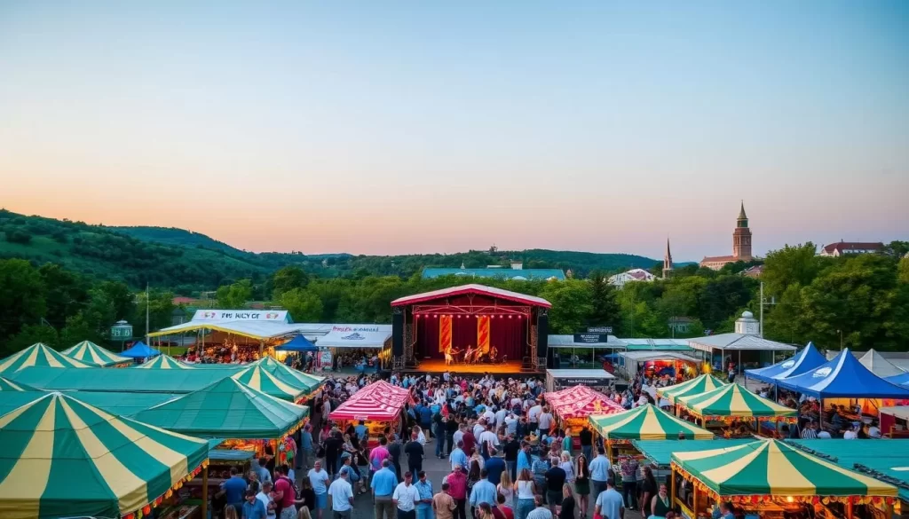 A vibrant celebration of Kentucky's rich cultural heritage, showcasing an array of lively festivals against the backdrop of the state's rolling hills and verdant landscapes. In the foreground, crowds gather around brightly colored booths, sampling mouthwatering local cuisine and browsing handcrafted artisanal wares. In the middle ground, a lively stage hosts traditional music and dance performances, infusing the scene with energy and joy. In the distance, towering structures and historic landmarks frame the bustling festivities, bathed in warm, golden light that accentuates the festive atmosphere. The overall composition captures the essence of Kentucky's festival spirit, inviting the viewer to immerse themselves in the vibrant celebration of the state's diverse cultural traditions.
