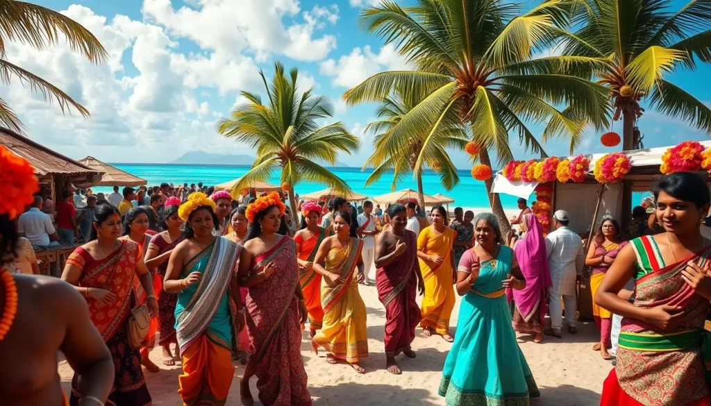 A vibrant celebration of Lakshadweep's rich cultural heritage. In the foreground, a parade of locals adorned in colorful traditional costumes, dancing to the rhythm of lively music. In the middle ground, stalls selling handcrafted artifacts, spices, and fragrant floral decorations. The background showcases the stunning natural beauty of the islands, with swaying palm trees, crystal-clear turquoise waters, and a brilliant azure sky. Soft, warm lighting bathes the scene, creating a festive and inviting atmosphere. Capture the essence of Lakshadweep's captivating festivals, where ancient traditions and modern vibrancy seamlessly blend.